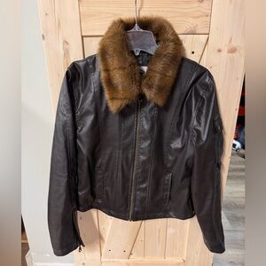 Women's Dark Brown Leather look Jacket with Fur Collar